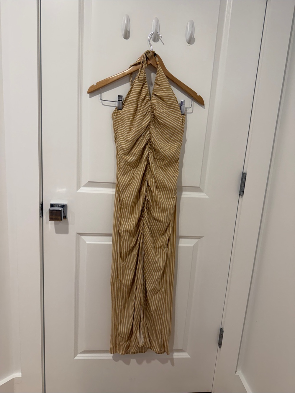 Zara One-Shoulder Ruched Maxi Dress in Beige Stripe